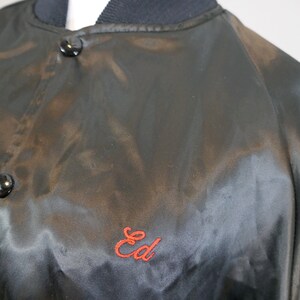 Ed's Vintage Chi-Chi's Satin Bomber Jacket Black with Red Snap Front Coat XL image 7