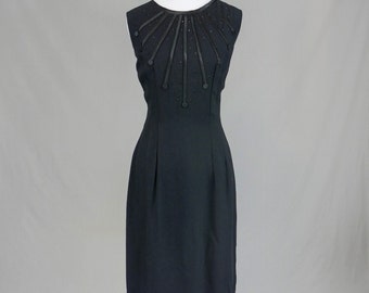 60s Little Black Dress - Satin Trim, Black Rhinestones - Sleeveless - LBD Party Dress - Vintage 1960s - M