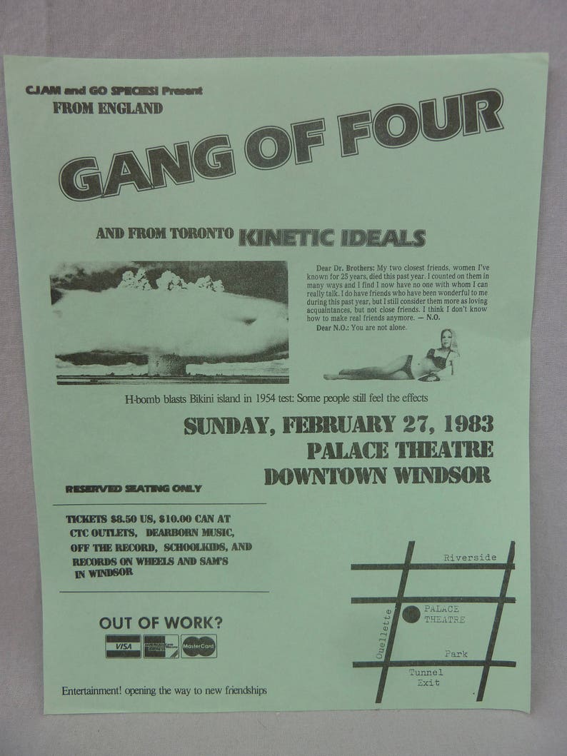Gang of Four original flyer Vintage 1980s Flyer Post-Punk concert gig flyer Windsor Ontario Canada 1983