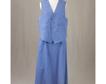 Vintage Lady's Skirt and Man's Waistcoat Set for Costume - Light Blue w/ White Flocked Polka Dots - 24 waist skirt, 42 chest vest