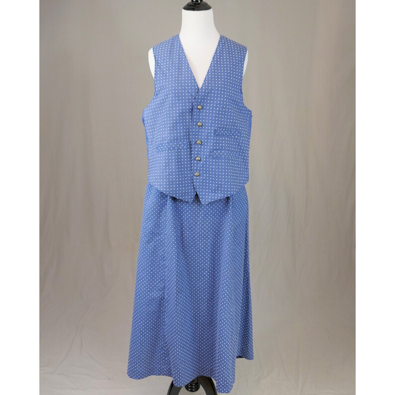 Vintage Lady's Skirt and Man's Waistcoat Set for Costume Light Blue w/ White Flocked Polka Dots 24 waist skirt, 42 chest vest image 1