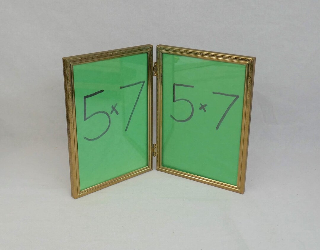Vintage Hinged Double Picture Frame Tabletop Gold Tone Metal W/ Glass