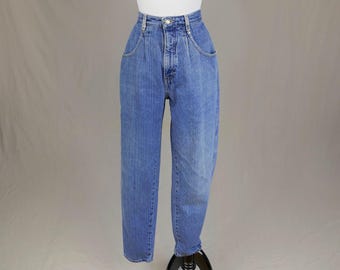 80s Brittania Jeans - 29" waist - Pinstripe Baggy Fit Pleated Tapered - Cotton Denim Pants - High Rise - Vintage 1980s - 29.5" length Petite