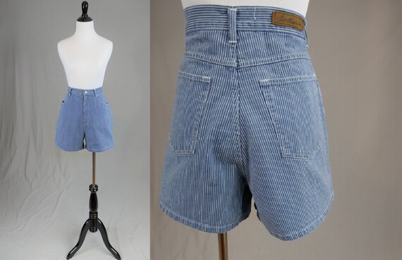90s Striped Shorts 32 Waist Blue With 