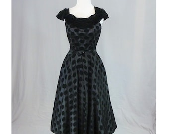 50s Black Party Dress - Velvet Flocked Big Oval Dots - Sleeveless - Full Skirt - Vintage 1950s - S