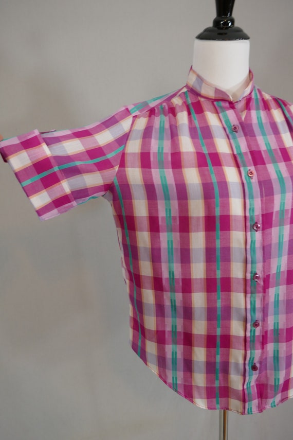 70s 80s Plaid Summer Blouse - Pink Purple Aqua Pe… - image 4