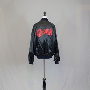 Ed's Vintage Chi-Chi's Satin Bomber Jacket Black with Red Snap Front Coat XL image 2