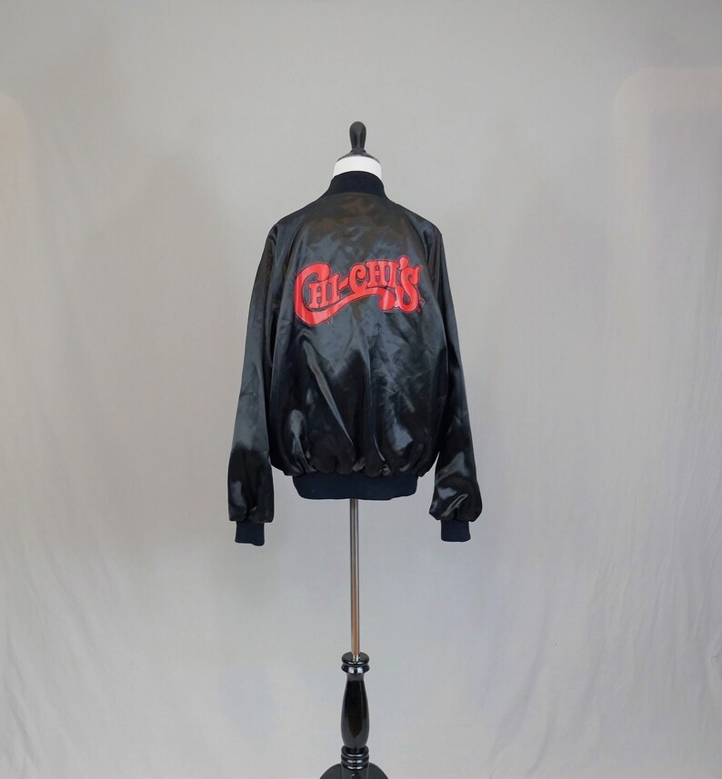 Ed's Vintage Chi-Chi's Satin Bomber Jacket Black with Red Snap Front Coat XL image 2