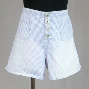 90s LA Blues Striped Shorts - 32" waist - White w/ Faded Blue Stripes - Button Fly - Cotton Denim - Vintage 1990s - M L