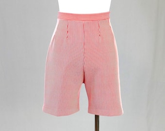 60s 70s Red White Striped Shorts - 27" waist will stretch - High Rise - Poly Nylon Knit - KMart - Vintage 1960s 1970s - M