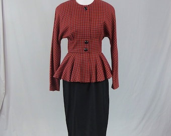 80s Red Black Check Dress - Peplum - 80s does 40s - Thick Shoulder Pads - Jackie Bernard for Eklektic - Vintage 1980s - S