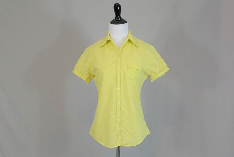 60s Yellow Blouse w/ Little White Dots Button Front Woven Cotton Short Sleeves Vintage 1960s S image 2