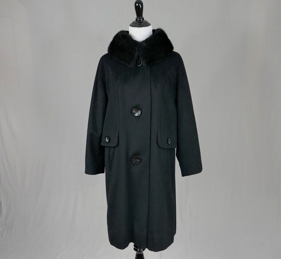 60s Kay Mcdowell Coat - Black Wool W/ Fur Collar - Big Buttons