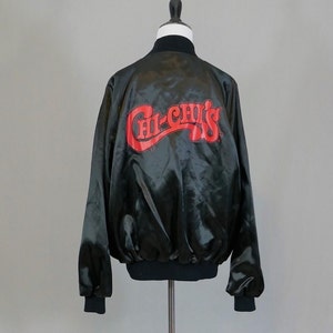 Ed's Vintage Chi-Chi's Satin Bomber Jacket Black with Red Snap Front Coat XL image 1