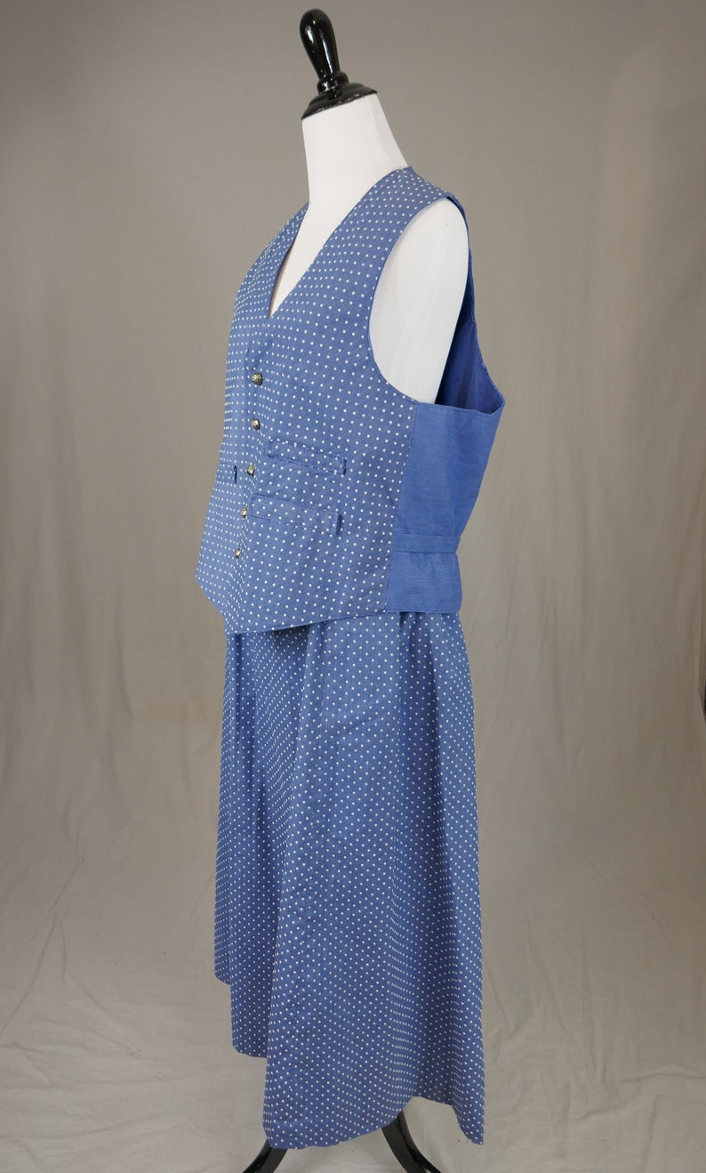 Vintage Lady's Skirt and Man's Waistcoat Set for Costume Light Blue w/ White Flocked Polka Dots 24 waist skirt, 42 chest vest image 2