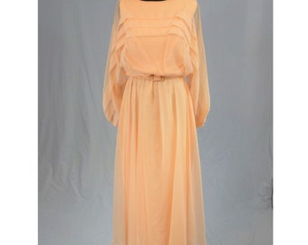 70s Romantic Chiffon Maxi Dress - Light Orange Sherbet Peach - Sheer Sleeves - Party Formal - Vintage 1970s - M