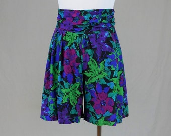 80s 90s Floral Shorts - 24" waist will stretch - Black Purple Green Teal Magenta - High Rise Pull On Rayon - Hunters Run - Vintage 1990s - S