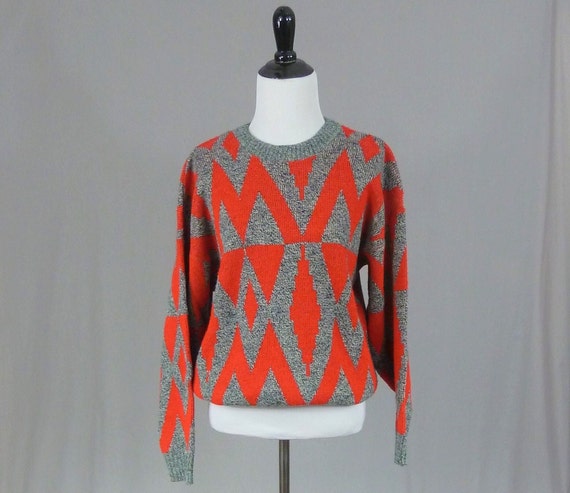 80 Red Gray Diamond Sweater - Letter M Triangles … - image 1