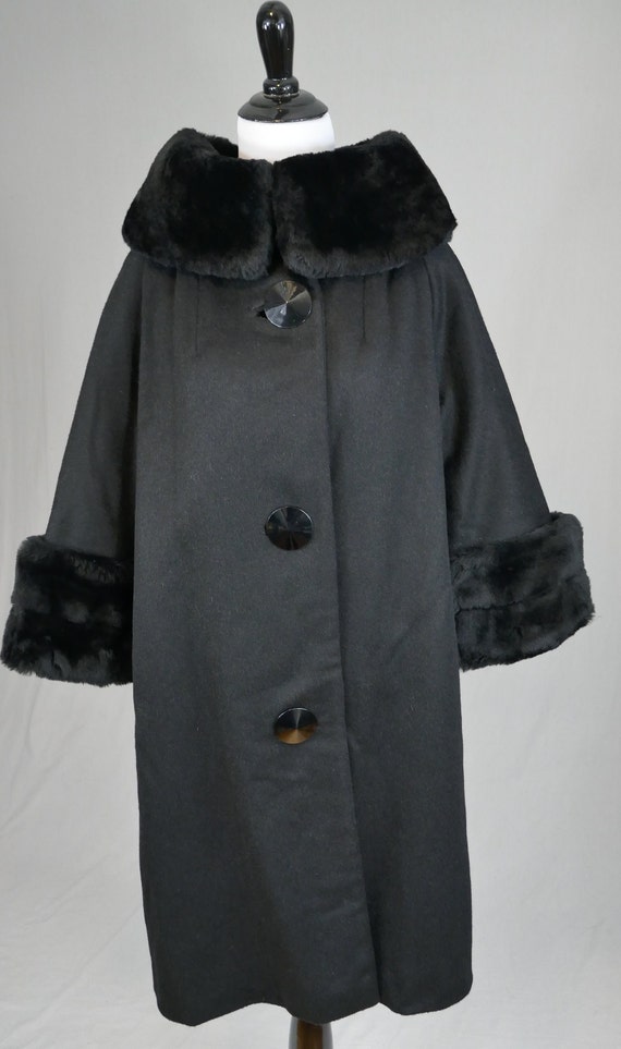 60s Black Coat w/ Faux Fur Collar and Cuffs - Big… - image 3