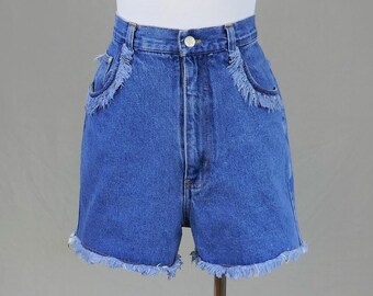 90s No Excuses Fringe Jean Shorts - 31" waist - Femme Fatale - High Waist - Blue Cotton Denim - Vintage 1990s - L