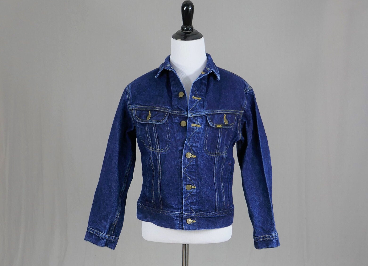 80s Lee Jean Jacket - Dark Blue Cotton Denim Coat - Teen