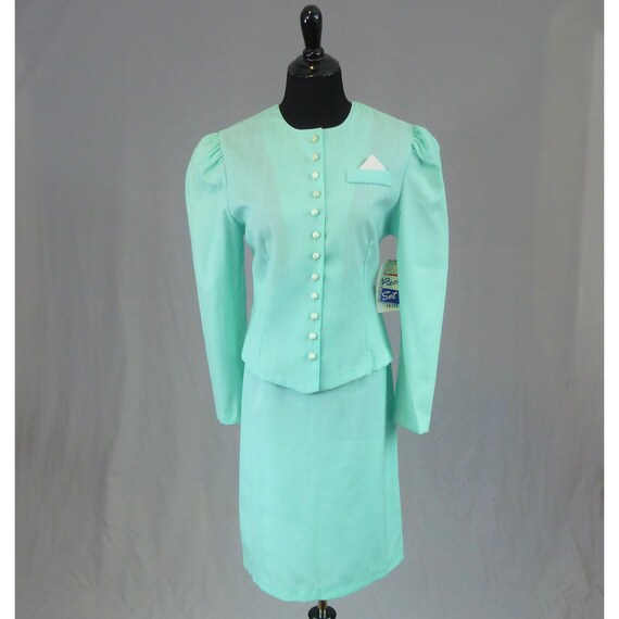 80s Deadstock Skirt Suit - Light Minty Blue - Puf… - image 1