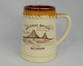 Vintage Mackinac Bridge Mug - Brown Glazed Ceramic Cup - Mighty Mac - 1970s Michigan Tourist Souvenir