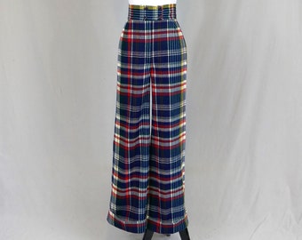 70s Cuffed Plaid Pants - 28" waist - White Blue Red Yellow Green - Wide Legs - High Rise - Marianne Fashions - Vintage 1970s - 31.5" inseam