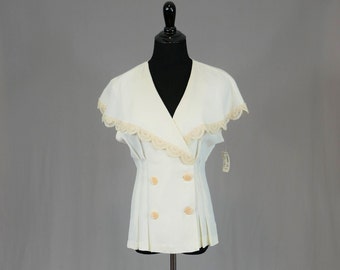 90s Off-White Jacket or Top - Deadstock NWT - Lace Trim Cape Collar - Sleeveless Double Breasted - Dani Michaels Gantos - Vintage 1990s - M