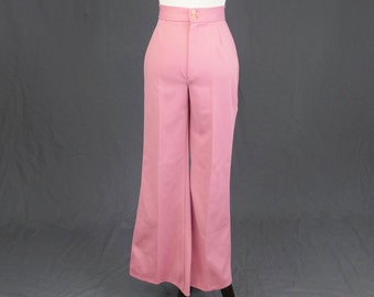 70s Pink Pants - 24" 25" waist - High Rise - Polyester Knit - Wide to Flare Leg - Sears Jr Bazaar - Vintage 1970s - 31" inseam