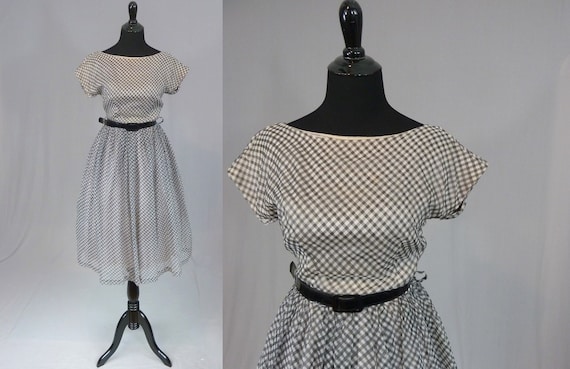 50s 60s Gingham Dress - Sheer Black White Checkere