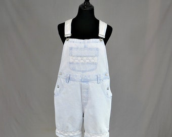90s Denim Shorts Overalls - Pale Blue Cotton Jean Carpenter Bib Shortalls - White Lace Trim - Vintage 1990s - M