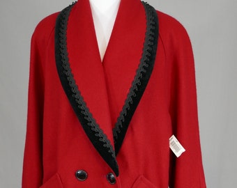 90s NWT Red Wool Coat - Deadstock - Black Velveteen Trim