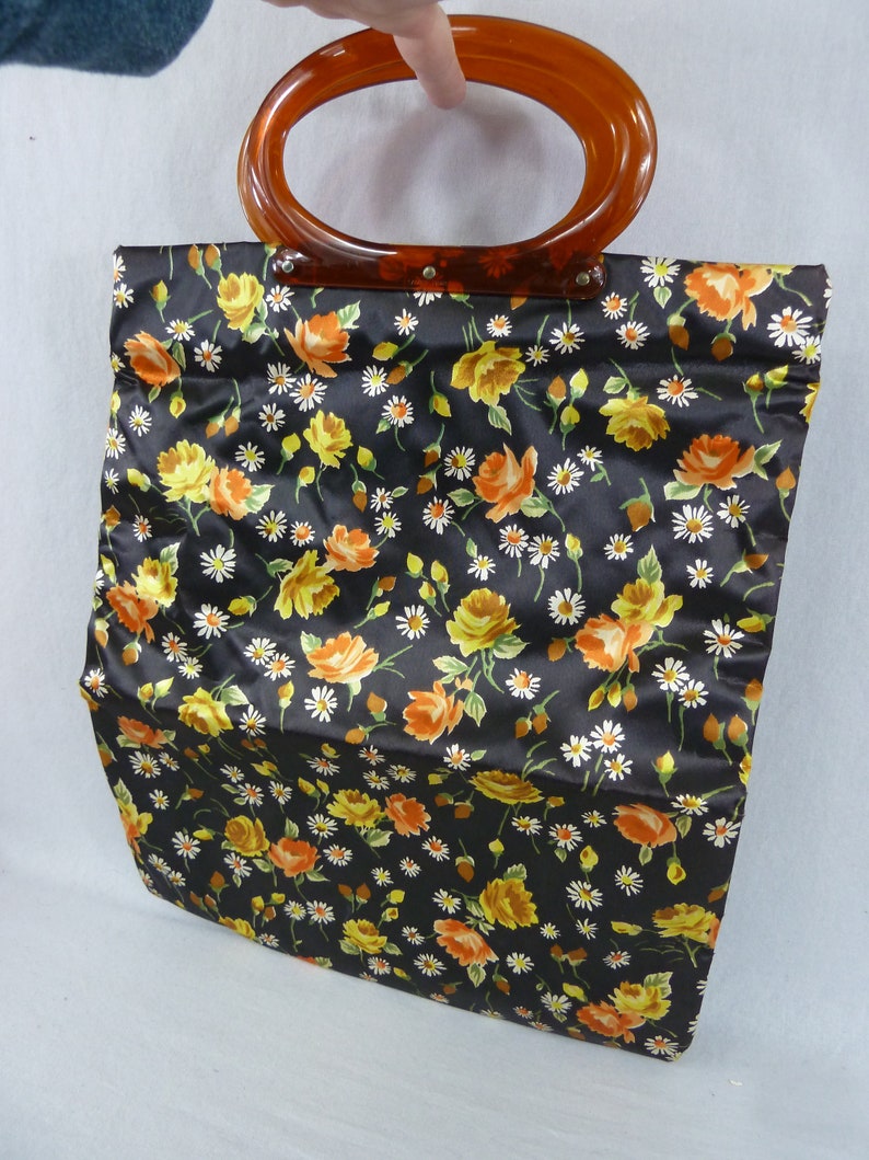 70s Foldover Snap Tote Bag Black Vinyl w/ Roses & Daisies in Orange Yellow Green Brown Vintage 1970s Handbag Purse image 2