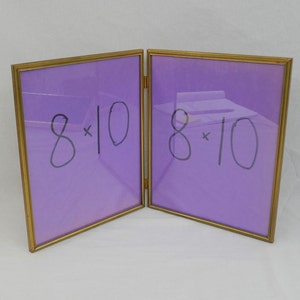 Vintage Hinged Double Picture Frame - Aged Gold Tone Metal w/ Glass - Holds Two 8&quot; x 10&quot; Photos - 8x10 Frames