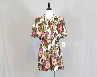 NWT 90s Floral Romper - White w/ Purple Pink Red Green Flowers - Deadstock One-Piece Outfit - Be Smart - Vintage 1990s - M