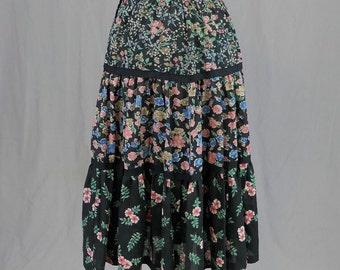 70s Black Floral Skirt - 24" waist - Pink Green Blue Brown - Full Three Tiered - Nicolé Sportswear - Vintage 1970s - XS