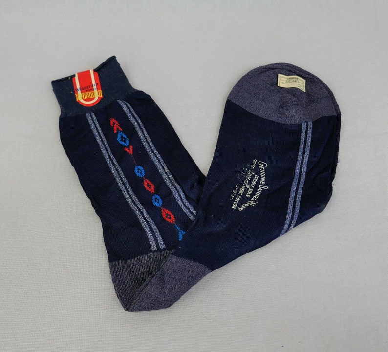 Men's Vintage Dress Socks NOS NWT New Unworn Deadstock Navy Blue w/ Red Wedgefield Kresge's Rayon Cotton Blend Mid-Century Hosiery image 1
