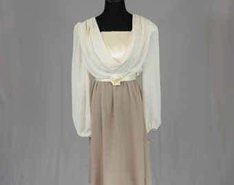 70s Party Dress - Deadstock Taupe Brown Cream Semi-Sheer - Satin Rose - Romantic Bodice Drape - Vintage 1970s - S