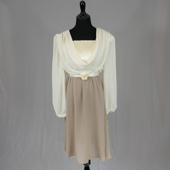 70s Party Dress - Deadstock Taupe Brown Cream Sem… - image 1