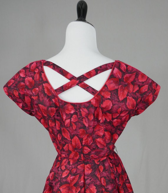 50s Red Leaf Print Dress - Rhinestones - Full Ski… - image 7