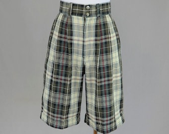 80s 90s Plaid Shorts - 26" waist - Pleated High Waist - Black Brown Cream Gray-Blue Red - OBR - Vintage 1980s 1990s - S