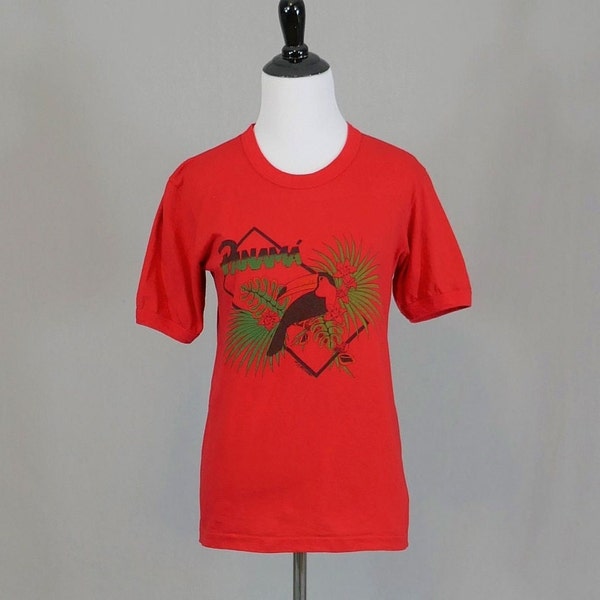 80s Graphic Tee - 1985 Panama Toucan T-shirt - Red Green Black - Vintage 1980s Tourist Top - S