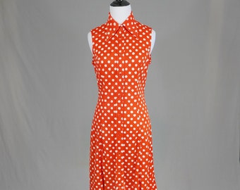 70s Red White Polka Dot Dress - Sleeveless - Knit w/ a little stretch - Blobby Dots - Pointy Collar - Vintage 1970s - S M