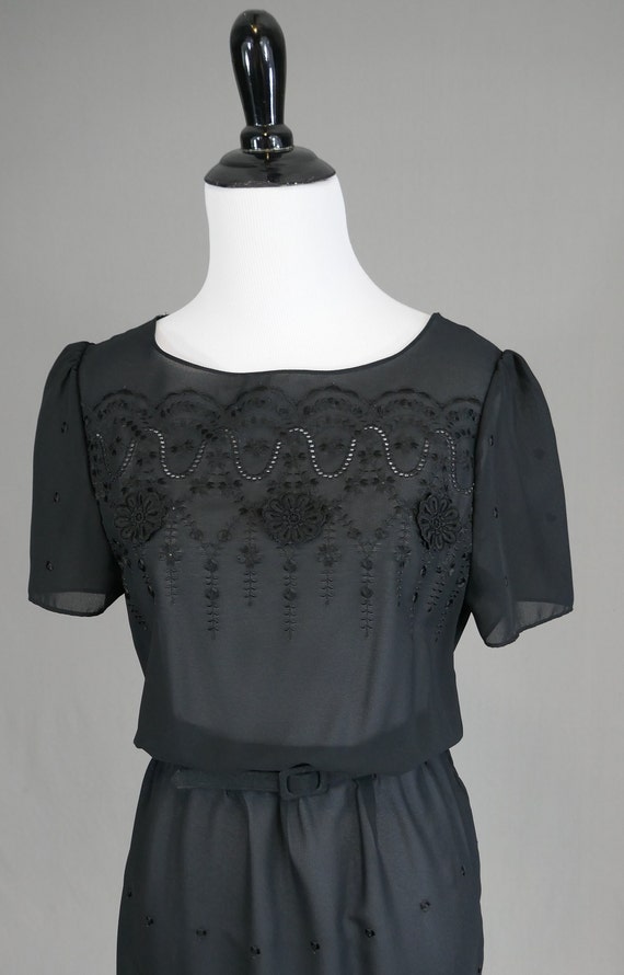 70s Sheer Black Dress - Embroidered Flowers Dots … - image 3