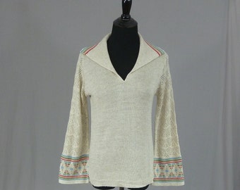 70s Oatmeal Rainbow Stripe Sweater - Open Work Knit Pullover - Azure USA - Vintage 1970s - M