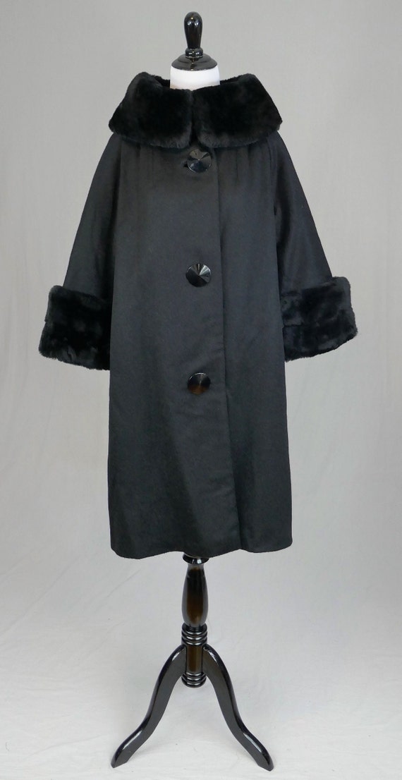 60s Black Coat w/ Faux Fur Collar and Cuffs - Big… - image 2