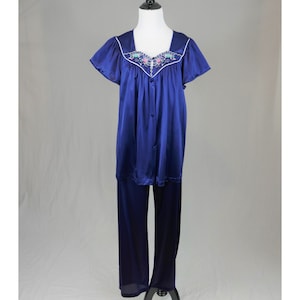 70s 80s Vanity Fair Pajamas - Dark Blue Embroidered Button Front Top - Pajama Pants Bottoms - Vintage 1970s 1980s - Medium