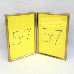 Vintage Hinged Double Picture Frame - Tabletop Gold Tone Metal w/ Glass - Holds Two 5" x 7" Photos - 5x7 frame