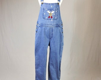 90s Christmas Overalls - Embroidered Reindeer Snowflakes - Blue Cotton Jean Carpenter Bib Overalls - Vintage 1990s - L